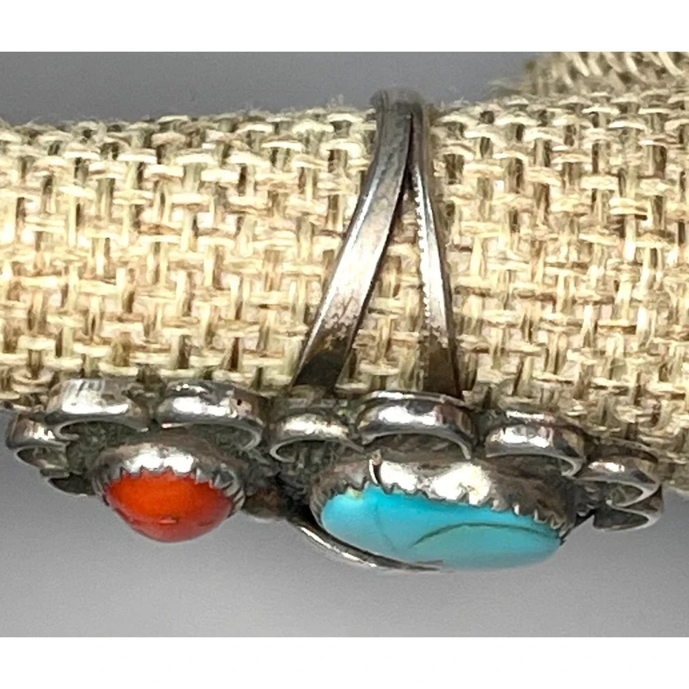 Navajo Sterling Silver Turquoise Coral Ring Handmade Split Shank Size 7.25